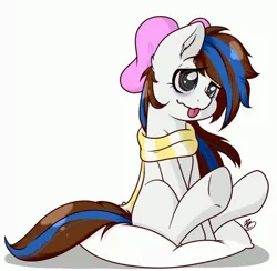 Size: 3504x3426 | Tagged: safe, artist:nate-doodles, oc, oc:breezy, unofficial characters only, earth pony, pony, bloodshot eyes, bow, clothes, drug use, female, intoxicated, mare, pillow, scarf, simple background, sitting, solo, tongue out, white background