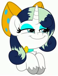 Size: 3151x4096 | Tagged: safe, artist:jhayarr23, oc, oc:deeep dope, unofficial characters only, pony, unicorn, bow, chest fluff, choker, commission, eyeshadow, female, horn, lidded eyes, makeup, mare, simple background, smiling, smirk, smug, solo, white background, ych result