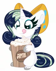 Size: 1650x2100 | Tagged: safe, artist:littleblackraencloud, oc, oc:deeep dope, unofficial characters only, pony, unicorn, bow, coffee, commission, eyeshadow, female, food, horn, latte, licking, licking lips, makeup, mare, pumpkin spice, pumpkin spice latte, simple background, solo, tongue out, white background, ych result