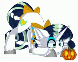 Size: 3941x3121 | Tagged: safe, artist:rozysweettempest, oc, oc:deeep dope, unofficial characters only, pony, unicorn, bow, eyeshadow, face down ass up, female, halloween, holiday, horn, jack-o-lantern, makeup, mare, pumpkin, simple background, solo, tail bow, watermark, white background