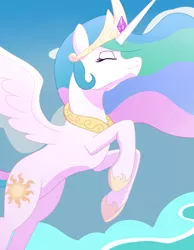 Size: 640x823 | Tagged: safe, artist:ladyenfield, princess celestia, alicorn, pony, birthday gift, cloud, crown, ethereal mane, ethereal tail, eyes closed, female, flying, hoof shoes, jewelry, regalia, sky, smiling, solo, wings
