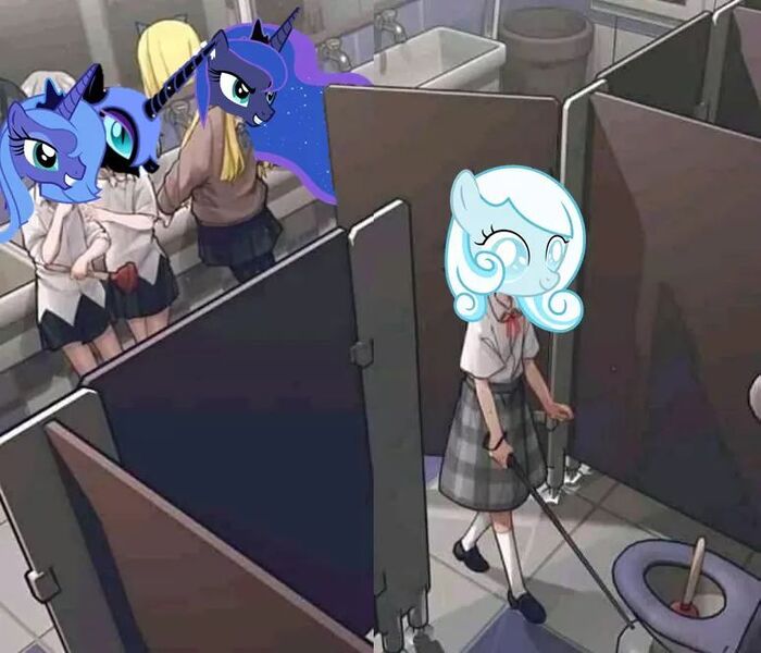 Size: 774x663 | Tagged: questionable, banned from derpibooru, edit, nightmare moon, princess luna, oc, oc:snowdrop, anime, cane, female, s1 luna, toilet