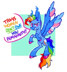 Size: 1042x1119 | Tagged: safe, artist:occultusion, derpibooru import, rainbow dash, pegasus, pony, colored wings, dialogue, female, image, jpeg, mare, mouthpiece, multicolored wings, simple background, solo, speech bubble, transgender, wings