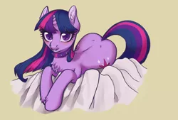 Size: 3496x2362 | Tagged: suggestive, artist:taytinabelle, derpibooru import, edit, editor:pastthesouthpole, twilight sparkle, pony, unicorn, back dimples, blushing, both cutie marks, butt, butt dimples, chest fluff, collar, cutie mark collar, dimples of venus, dock, ear fluff, female, image, looking at you, mare, png, simple background, solo, unicorn twilight, unshorn fetlocks, wingless, wingless edit