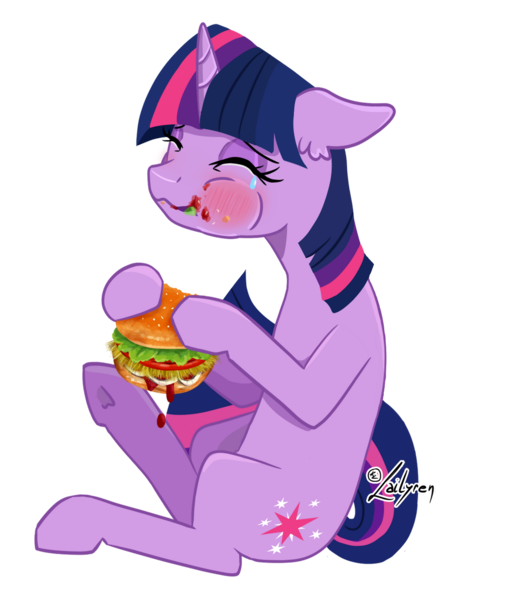 Size: 1024x1207 | Tagged: safe, artist:lailyren, edit, editor:pastthesouthpole, twilight sparkle, pony, unicorn, blushing, burger, crying, cute, eating, female, food, hay burger, ketchup, lettuce, majestic as fuck, mare, messy eating, onion, sauce, solo, tears of joy, that pony sure does love burgers, tomato, twiabetes, unicorn twilight, wingless, wingless edit