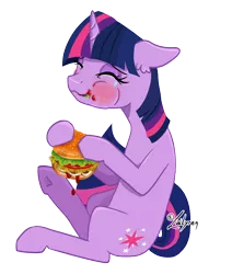 Size: 1024x1207 | Tagged: safe, artist:lailyren, edit, editor:pastthesouthpole, twilight sparkle, pony, unicorn, blushing, burger, crying, cute, eating, female, food, hay burger, ketchup, lettuce, majestic as fuck, mare, messy eating, onion, sauce, solo, tears of joy, that pony sure does love burgers, tomato, twiabetes, unicorn twilight, wingless, wingless edit
