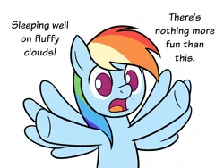 Size: 1600x1200 | Tagged: safe, artist:sazanamibd, rainbow dash, pegasus, pony, dialogue, doraemon, hooves up, no pupils, open mouth, parody, simple background, solo, spread wings, talking to viewer, that pony sure does love clouds, white background, wings