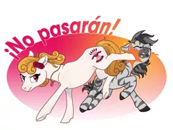 Size: 1280x963 | Tagged: safe, artist:spectralunicorn, edit, editor:edits of hate, earth pony, pony, zebra, antifa, branding, bucking, eyes closed, gang brand, gangster disciples, gradient background, no pasaran, simple background, spanish falange, spraypainted cutie mark, white background