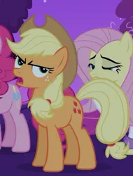 Size: 394x518 | Tagged: safe, edit, screencap, applejack, fluttershy, pinkie pie, earth pony, pegasus, pony, read it and weep, angry, cropped, faic, looking to side, night, open mouth, unamused