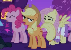 Size: 741x518 | Tagged: safe, edit, screencap, applejack, fluttershy, pinkie pie, earth pony, pegasus, pony, read it and weep, angry, bathrobe, clothes, cropped, eyes closed, faic, looking to side, night, open mouth, robe, tongue out, unamused
