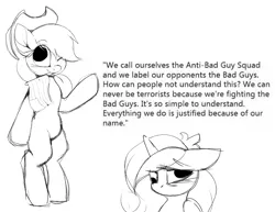 Size: 3522x2725 | Tagged: safe, artist:arume_lux, applejack, princess cadance, earth pony, pony, anti-bad guy squad, bipedal, black and white, derp, flag, grayscale, image, looking at you, monochrome, mouth hold, one eye closed, png, shitposting, simple background, sketch, text, white background