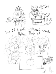 Size: 1986x2613 | Tagged: safe, artist:huffylime, apple bloom, diamond tiara, scootaloo, silver spoon, sweetie belle, earth pony, pegasus, pony, unicorn, apple (company), box, chicken tenders, computer, crying, cutie mark crusaders, food, happy, laptop computer, money, popcorn, stock market