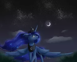 Size: 2500x2000 | Tagged: safe, artist:brilliant-luna, princess luna, alicorn, pony, cloud, crescent moon, crown, ethereal mane, flowing mane, jewelry, moon, night, regalia, starry mane