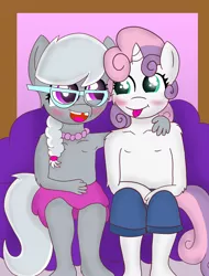 Size: 3458x4562 | Tagged: source needed, suggestive, artist:skyflys, silver spoon, sweetie belle, anthro, earth pony, unicorn, arm around neck, blushing, chipped tooth, clothes, cute, female, glasses, looking at each other, partial nudity, sitting, tongue out, topless
