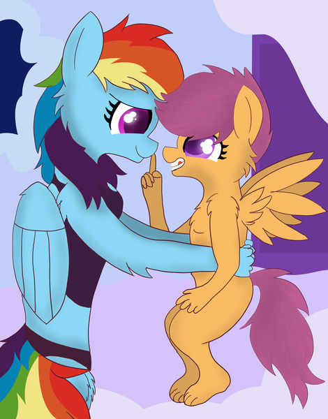 Size: 3368x4299 | Tagged: source needed, questionable, artist:skyflys, rainbow dash, scootaloo, anthro, pegasus, babysitting, boop, cute, cutealoo, dashabetes, duo, female, holding, looking at each other, nudity, scootalove, spread wings, wings