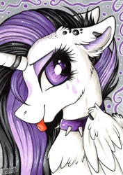 Size: 3443x4872 | Tagged: safe, artist:julunis14, princess celestia, alicorn, pony, between dark and dawn, alternate hairstyle, blepping, bust, chest fluff, choker, collar, ear fluff, female, horn, horn ring, jewelry, marker drawing, piercing, portrait, punklestia, ring, seductive look, solo, spiked choker, tongue out, traditional art, wing fluff