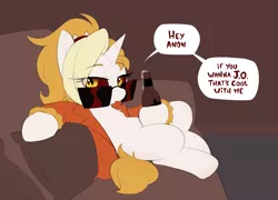 Size: 1726x1240 | Tagged: suggestive, artist:shinodage, oc, oc:dyx, unofficial characters only, alicorn, pony, alcohol, beer, clothes, couch, dialogue, female, filly, implied anon, jacket, looking at you, sunglasses