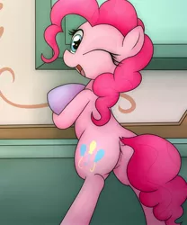 Size: 2000x2400 | Tagged: safe, artist:datte-before-dawn, pinkie pie, earth pony, pony, bipedal, bowl, cute, diapinkes, dock, featureless crotch, female, looking at you, looking back, looking back at you, mare, mixing bowl, one eye closed, open mouth, solo, suggestive description, wink