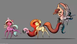 Size: 3500x2000 | Tagged: safe, artist:skitsniga, oc, oc:eleane tih, oc:mayata, oc:sheron, unofficial characters only, pegasus, pony, unicorn, dock, female, flying, horn, long mane, long tail, magic, mare, open mouth, smiling, spread wings, telekinesis, tongue out, trio, wings