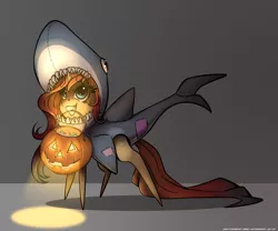 Size: 3000x2500 | Tagged: safe, artist:skitsniga, oc, oc:sheron, unofficial characters only, pony, unicorn, candy, clothes, costume, female, food, halloween, holiday, horn, jack-o-lantern, mare, mouth hold, pumpkin, shark costume, solo