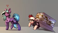 Size: 3500x2000 | Tagged: safe, artist:skitsniga, oc, oc:eleane tih, oc:mayata, unofficial characters only, pegasus, pony, unicorn, box, cardboard box, chicken hat, dock, duo, female, horn, mare, metal gear solid 5, metal gear solid: peace walker, pounce, raised hoof, tongue out, wings