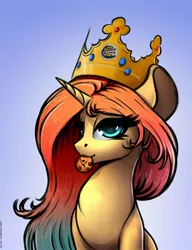 Size: 2300x3000 | Tagged: safe, artist:skitsniga, oc, oc:sheron, unofficial characters only, pony, unicorn, burger king, burger king crown, cookie, female, food, gradient background, gradient mane, horn, looking at you, mare, solo