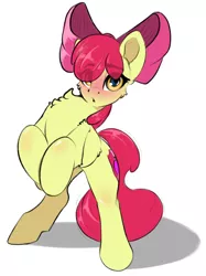 Size: 1530x2048 | Tagged: safe, artist:skitsniga, derpibooru import, apple bloom, earth pony, pony, adorabloom, bipedal, blushing, chest fluff, cute, derpibooru exclusive, eye clipping through hair, female, filly, image, looking at you, png, rearing, simple background, solo, white background