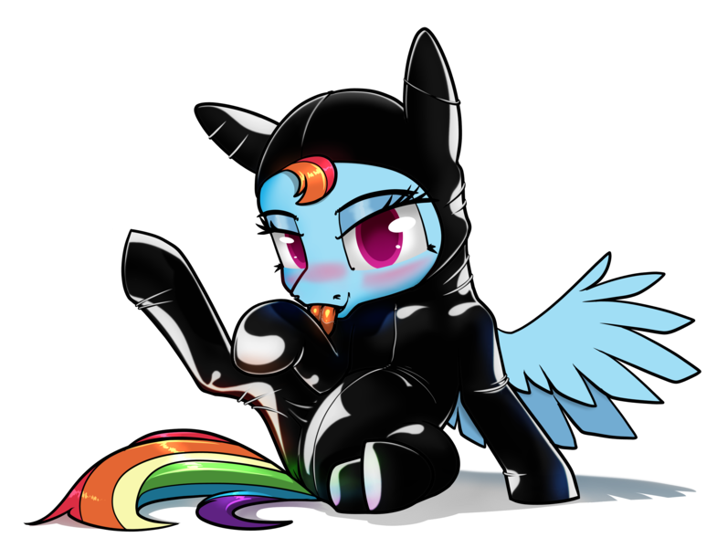 Size: 5100x3900 | Tagged: suggestive, artist:dacaoo, rainbow dash, pegasus, pony, bedroom eyes, behaving like a cat, blushing, bodysuit, catsuit, chibi, clothes, female, image, latex, latex suit, licking, looking at you, mare, png, simple background, sitting, skintight clothes, solo, spread wings, tongue out, transparent background, wings
