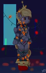 Size: 960x1500 | Tagged: alternate version, artist:drafthoof, belly button, blushing, bondage, christmas, christmas lights, christmas tree decorated, clothes, decoration, derpy hooves, ear piercing, earring, gift art, holiday, jewelry, pegasus, piercing, rope, rope bondage, semi-anthro, shibari, socks, suggestive, tiara, underwear