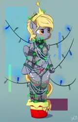 Size: 960x1500 | Tagged: artist:drafthoof, belly button, blushing, bondage, bra, christmas, christmas lights, christmas tree decorated, clothes, decoration, derpy hooves, ear piercing, earring, holiday, jewelry, panties, pegasus, piercing, rope, rope bondage, semi-anthro, shibari, simple background, socks, suggestive, tiara, underwear
