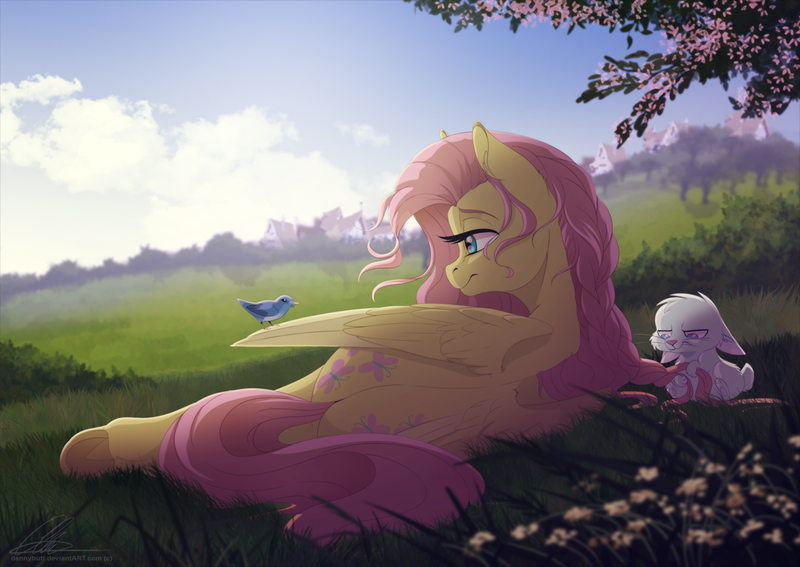 Size: 1167x827 | Tagged: dead source, safe, artist:dvixie, banned from derpibooru, ponerpics import, angel bunny, fluttershy, bird, pegasus, pony, alternate hairstyle, beautiful, both cutie marks, braid, braiding, butt, cute, female, floppy ears, frog (hoof), male, mare, monochrome, plot, profile, scenery, scenery porn, shyabetes, solo focus, unamused, underhoof