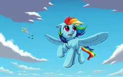 Size: 4096x2571 | Tagged: safe, artist:silverhopexiii, fluttershy, rainbow dash, bird, pegasus, pony, chest fluff, cloud, duo, female, floppy ears, flying, high res, looking away, mare, open mouth, outdoors, sky, solo focus, spread wings, wind, windswept mane, wings
