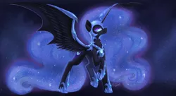 Size: 2384x1300 | Tagged: safe, artist:evedizzy26, derpibooru import, nightmare moon, alicorn, pony, armor, ethereal mane, ethereal tail, female, helmet, horn, image, lidded eyes, looking at you, mare, png, raised hoof, raised leg, slit eyes, smiling, solo, spread wings, wing armor, wings