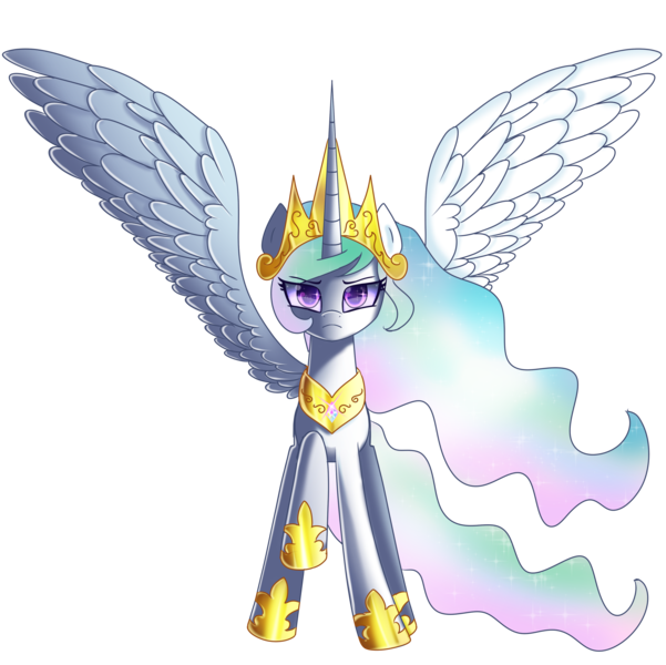 Size: 3300x3296 | Tagged: alicorn, artist:melanyschaffer, crown, hoof shoes, jewelry, looking at you, majestic, princess celestia, raised hoof, regalia, safe, serious, simple background, spread wings, transparent background, wings