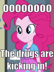 Size: 269x359 | Tagged: safe, derpibooru import, edit, screencap, pinkie pie, equestria girls, friendship games, animated, caption, cropped, cute, derp, diapinkes, drug use, female, gif, image, image macro, meme, ponk, she knows, solo, text