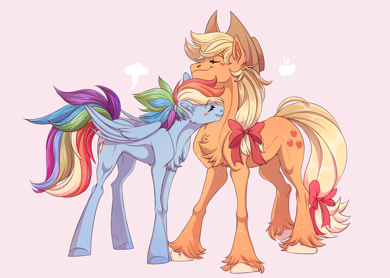 Size: 3333x2372 | Tagged: safe, artist:1an1, derpibooru import, applejack, rainbow dash, earth pony, pegasus, pony, alternate hairstyle, appledash, applejack's hat, bow, chest fluff, cowboy hat, cute, dashabetes, eyes closed, female, hair bow, hat, image, jackabetes, lesbian, png, shipping, unshorn fetlocks