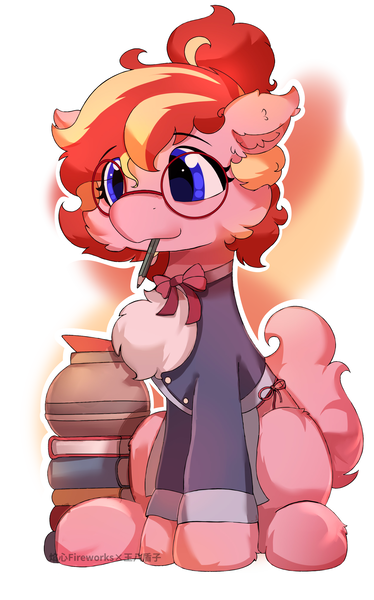 Size: 1739x2789 | Tagged: safe, artist:fireworks sea, artist:王八盾子, derpibooru import, oc, oc:flame hearts, unofficial characters only, earth pony, pony, book, clothes, coffee pot, glasses, image, mouth hold, pencil, png, solo