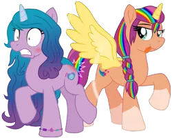 Size: 7948x6374 | Tagged: safe, artist:ejlightning007arts, derpibooru import, izzy moonbow, sunny starscout, alicorn, unicorn, my little pony: a new generation, spoiler:g5, spoiler:my little pony: a new generation, alicornified, cheeky, female, friendship bracelet, g5, image, izzyscout, lesbian, multicolored hair, png, ponytail, rainbow hair, raised hoof, shipping, simple background, spanked, sunnycorn, tongue out, transparent background, unexpected, vector, wing slap, wings