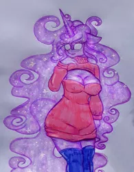 Size: 1595x2048 | Tagged: suggestive, artist:synthsparkle, derpibooru import, tantabus, anthro, backless, boob window, clothes, image, jpeg, leggings, looking away, open-back sweater, sleeveless, sleeveless sweater, standing, sweater, wavy mane