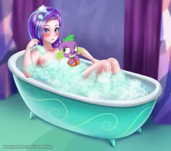 Size: 1200x1062 | Tagged: suggestive, artist:racoonsan, derpibooru import, edit, spike, starlight glimmer, dog, human, bath, bathtub, blushing, bubble, female, humanized, image, looking at you, lucky bastard, male, png, shipping, solo, solo female, sparlight, sponge, straight