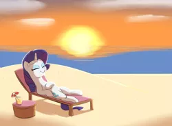 Size: 2756x2032 | Tagged: safe, artist:heretichesh, derpibooru import, rarity, pony, unicorn, beach, cloud, content, eyes closed, female, happy, high res, image, lying down, mare, ocean, on back, png, reflection, sand, smiling, solo, sunbathing, sunset, umbrella