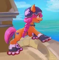 Size: 1156x1164 | Tagged: safe, artist:shuaneyvore, derpibooru import, sunny starscout, earth pony, pony, female, g5, gonna be my day, image, jpeg, mare, maretime bay, roller skates, scene interpretation, solo