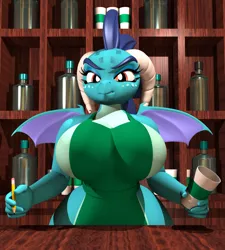 Size: 2700x3000 | Tagged: suggestive, artist:argos90, derpibooru import, princess ember, anthro, dragon, 3d, apron, barista, big breasts, breasts, busty princess ember, cleavage, clothes, dragoness, ember is not amused, female, holding, huge breasts, iced latte with breast milk, image, jpeg, lidded eyes, lizard breasts, looking at you, meme, naked apron, pencil, plump, ponified meme, solo, solo female, starbucks, sweat, sweatdrops, unamused