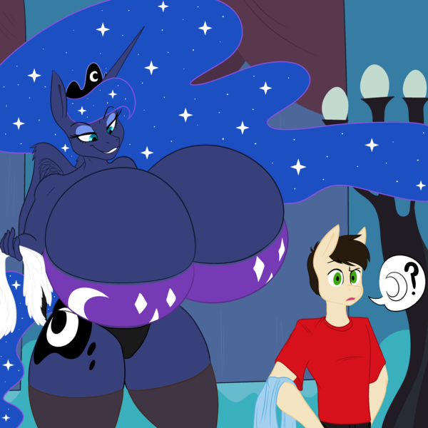 Size: 4000x4000 | Tagged: questionable, artist:freehdmcgee, artist:speedbumpv-drop, color edit, derpibooru import, edit, princess luna, oc, oc:beau, alicorn, anthro, earth pony, anthro oc, bedroom, bedroom eyes, big breasts, breasts, busty princess luna, canon x oc, clothes, color, colored, confused, crescent moon, curtains, cutie mark, ethereal mane, galaxy mane, huge breasts, hyper, hyper breasts, image, impossibly large breasts, leggings, moon, panties, png, question mark, robe, size difference, sneaking, underwear