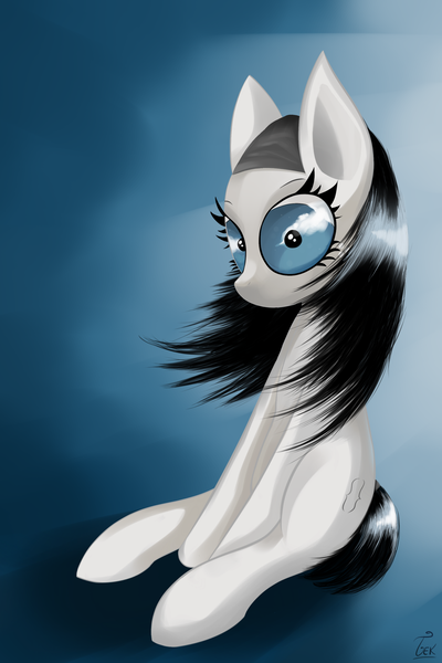 Size: 1600x2400 | Tagged: safe, artist:teknibaal, derpibooru import, oc, oc:null, earth pony, pony, headband, image, looking at you, null, png, signature, sitting, sogreatandpowerful, solo