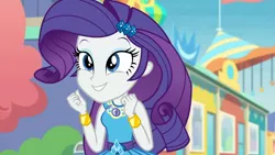 Size: 3410x1920 | Tagged: safe, derpibooru import, screencap, rarity, equestria girls, equestria girls series, rollercoaster of friendship, bracelet, clothes, cute, cutie mark, cutie mark on clothes, female, geode of shielding, hairpin, high res, image, jewelry, jpeg, magical geodes, raribetes, rarity peplum dress, smiling, solo