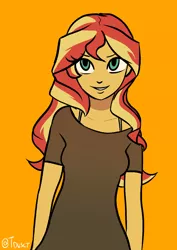 Size: 1446x2039 | Tagged: safe, artist:tacoman dusct, derpibooru import, sunset shimmer, equestria girls, female, image, looking at you, png, simple background, smiling, smiling at you, solo, yellow background