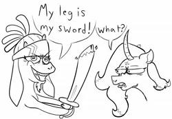 Size: 2048x1414 | Tagged: safe, artist:alpaca_arts, derpibooru import, oleander (tfh), goat, unicorn, them's fightin' herds, cloven hooves, community related, duo, female, image, jpeg, monochrome, oleander is not amused, open mouth, shanty (tfh), simple background, sword, unamused, wat, weapon, white background