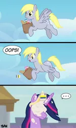 Size: 1500x2500 | Tagged: safe, artist:banquo0, derpibooru import, derpy hooves, princess twilight 2.0, twilight sparkle, twilight sparkle (alicorn), alicorn, pegasus, pony, the last problem, comic, crown, dialogue, flying, food, groceries, image, jewelry, jpeg, mayonnaise, older, older twilight, regalia, sauce, text, twilight is not amused, unamused
