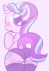 Size: 996x1449 | Tagged: suggestive, artist:cushyhoof, derpibooru import, starlight glimmer, semi-anthro, unicorn, blushing, butt, clothes, cute, dock, female, glimmer glutes, heart eyes, image, looking at you, looking back, looking back at you, open mouth, panties, plot, png, socks, solo, solo female, stockings, tail, thigh highs, underwear, wingding eyes